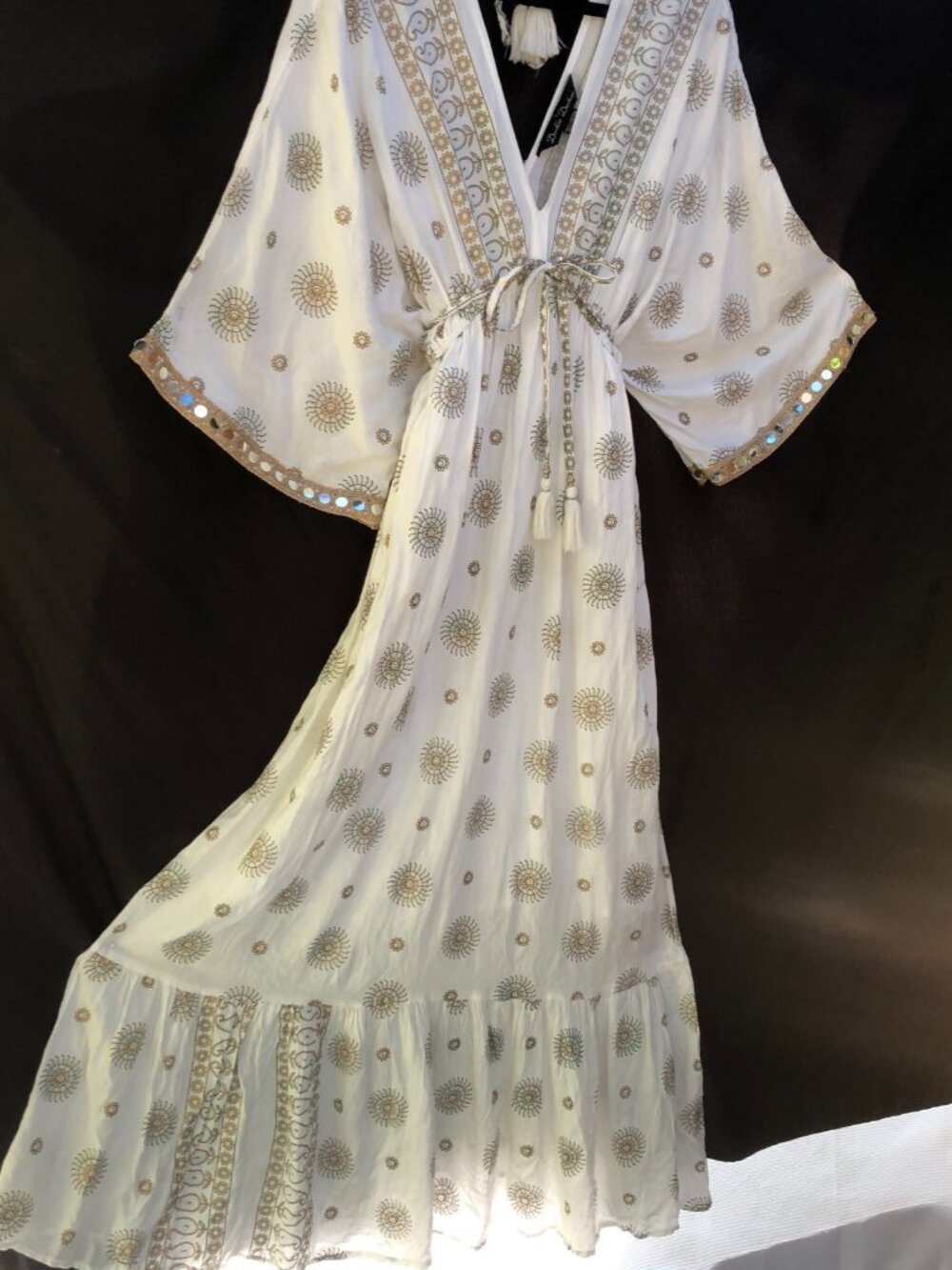 Double Decker White Gold Mirror Maxi Dress Deep V Tassel Boho Resort Free Size
